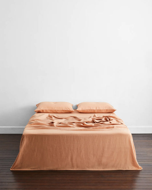 KING SABANA ENCIMERA 100 % LINO FRANCÉS - TONO TERRACOTA - BED THREADS.